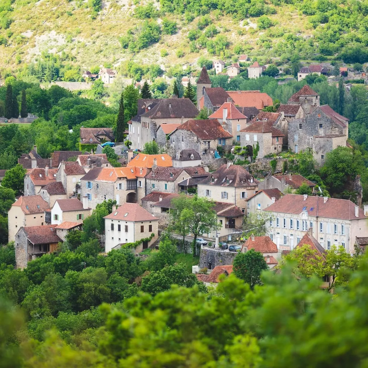 The village of Calvignac among the trees in France's Quercy region