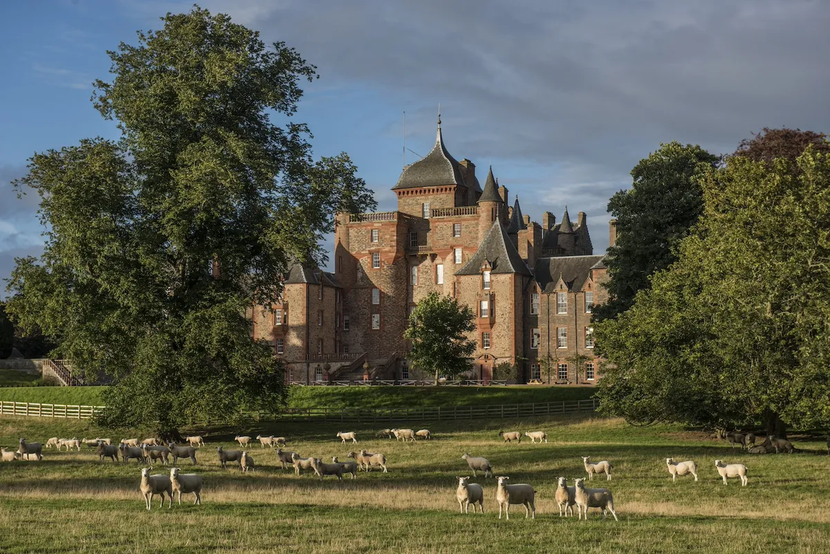 Exterior shot of Thirlestaine castle with sheep grazing, The Scottish Borders, Scotland