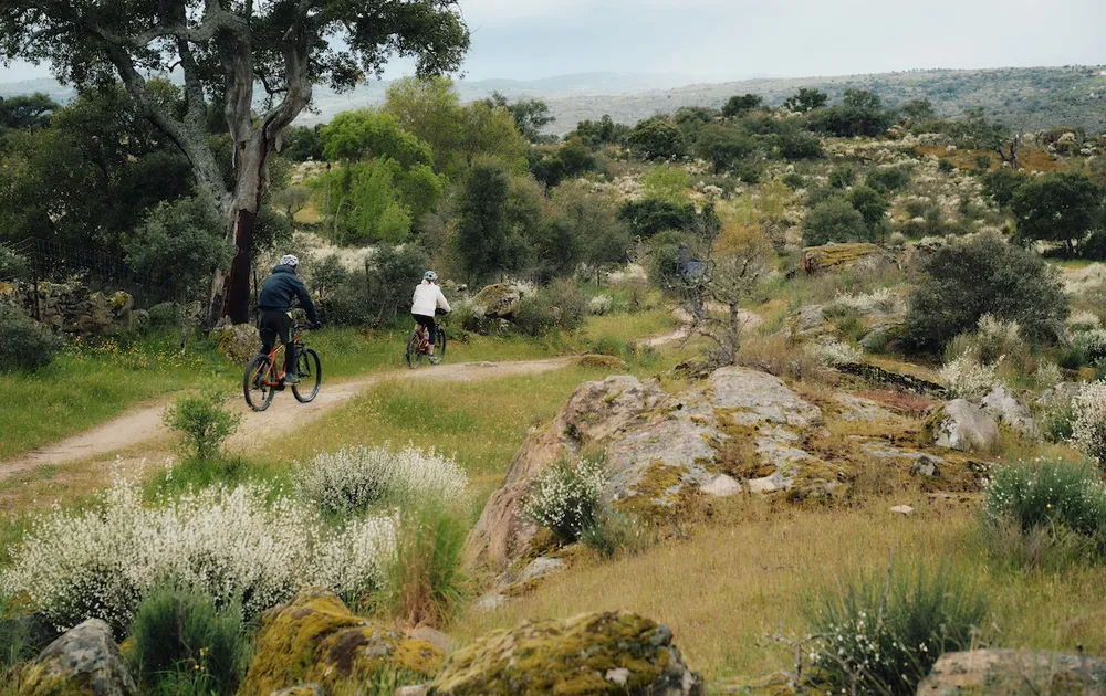Cyclists on small track through wildnerness, in Coa Valley, Portugal
