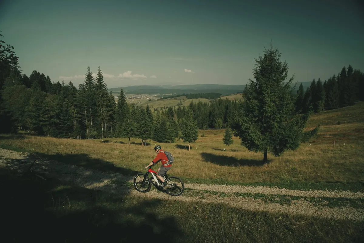Solo cyclist on the trail, Via Transilvanica, Bucovina, Romania
