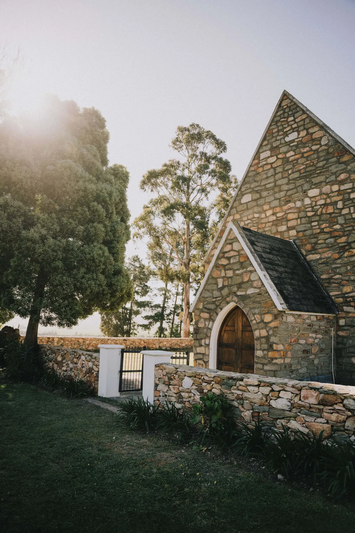 Stone church, blue sky with trees in the Karoo National Park, South Africa