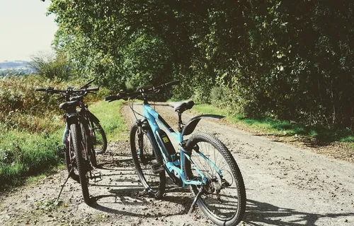 Electric bikes in countryside, Herefordshire, UK