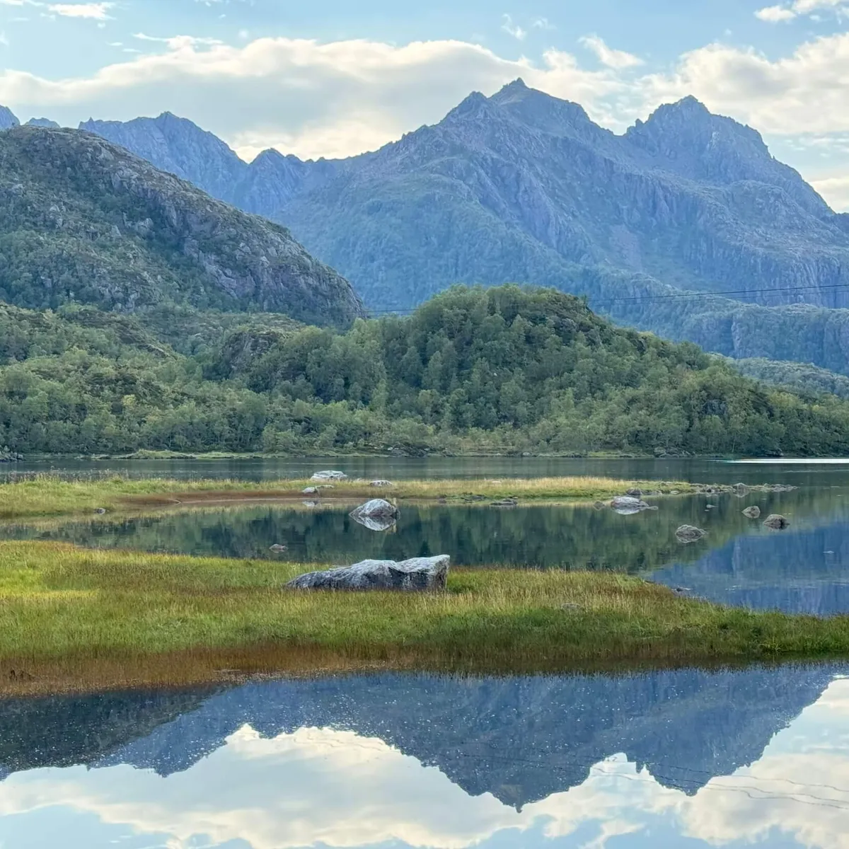 Fjord and Nature Reserve against Mountains, Langoya Island, Norway
