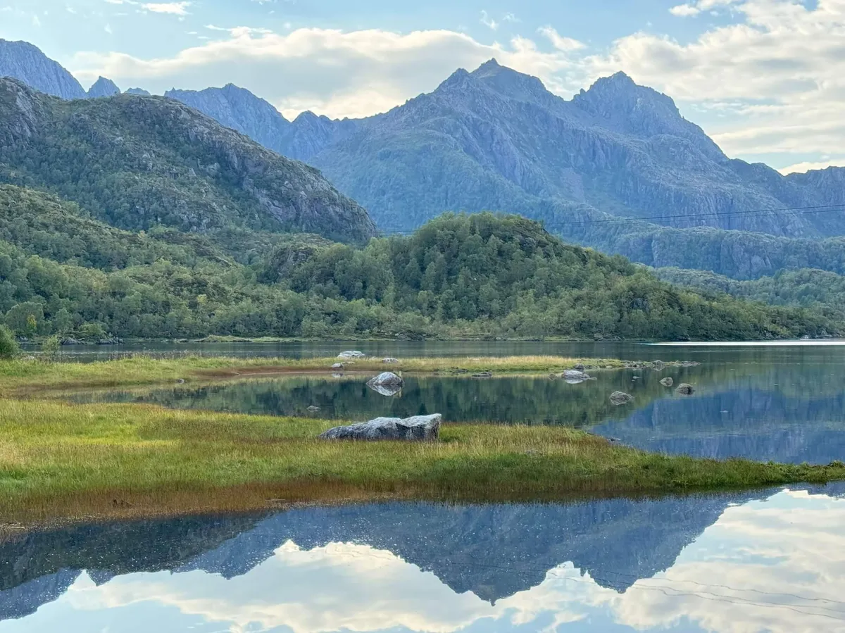 Fjord and Nature Reserve against Mountains, Langoya Island, Norway