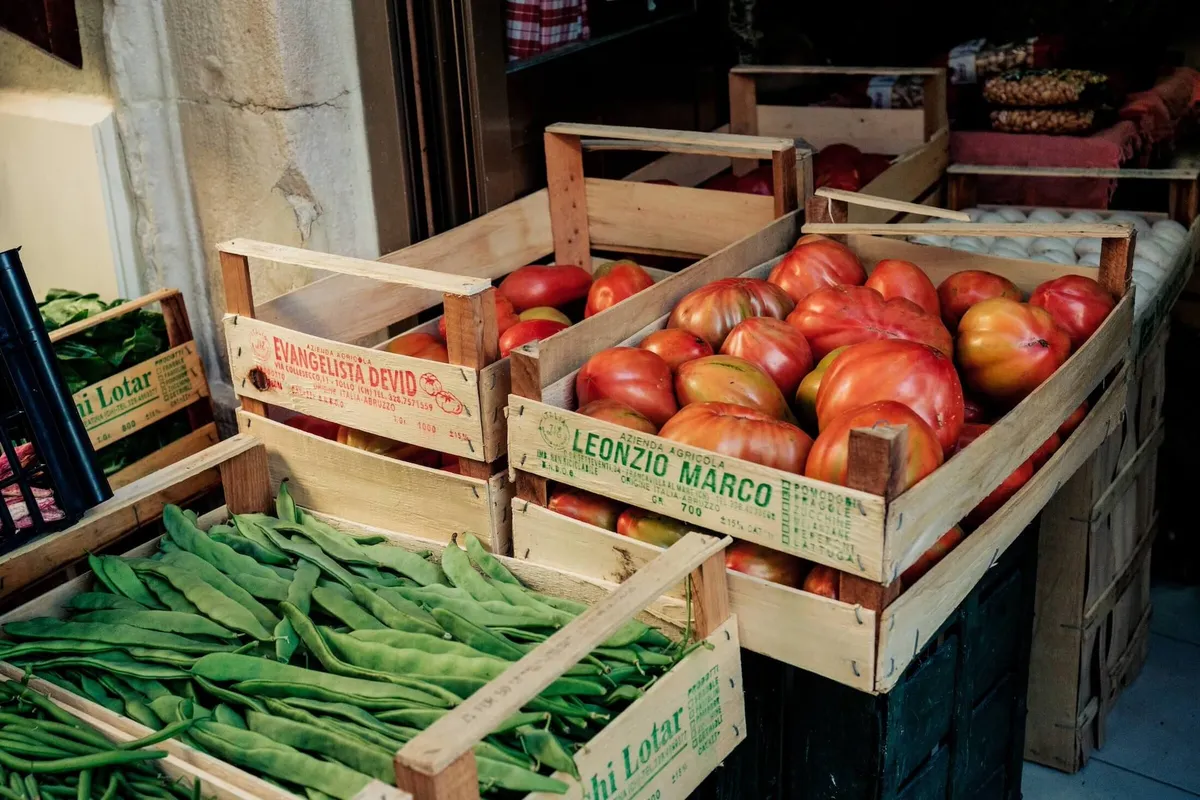 Fresh vegetables in wooden crates, landscape, Caramanico, Abruzzo, italy