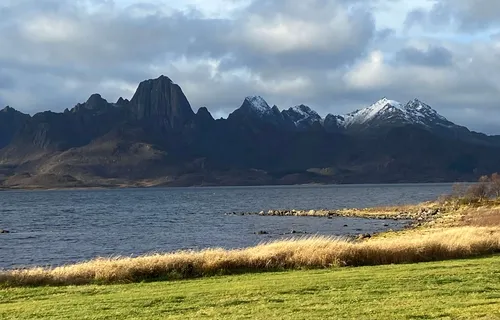 Green field with back drop of fjord and snow capped mountains Vesteralen, Norway