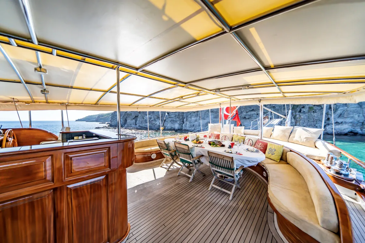 The deck of a Turkish gulet in the Dodecanese Islands