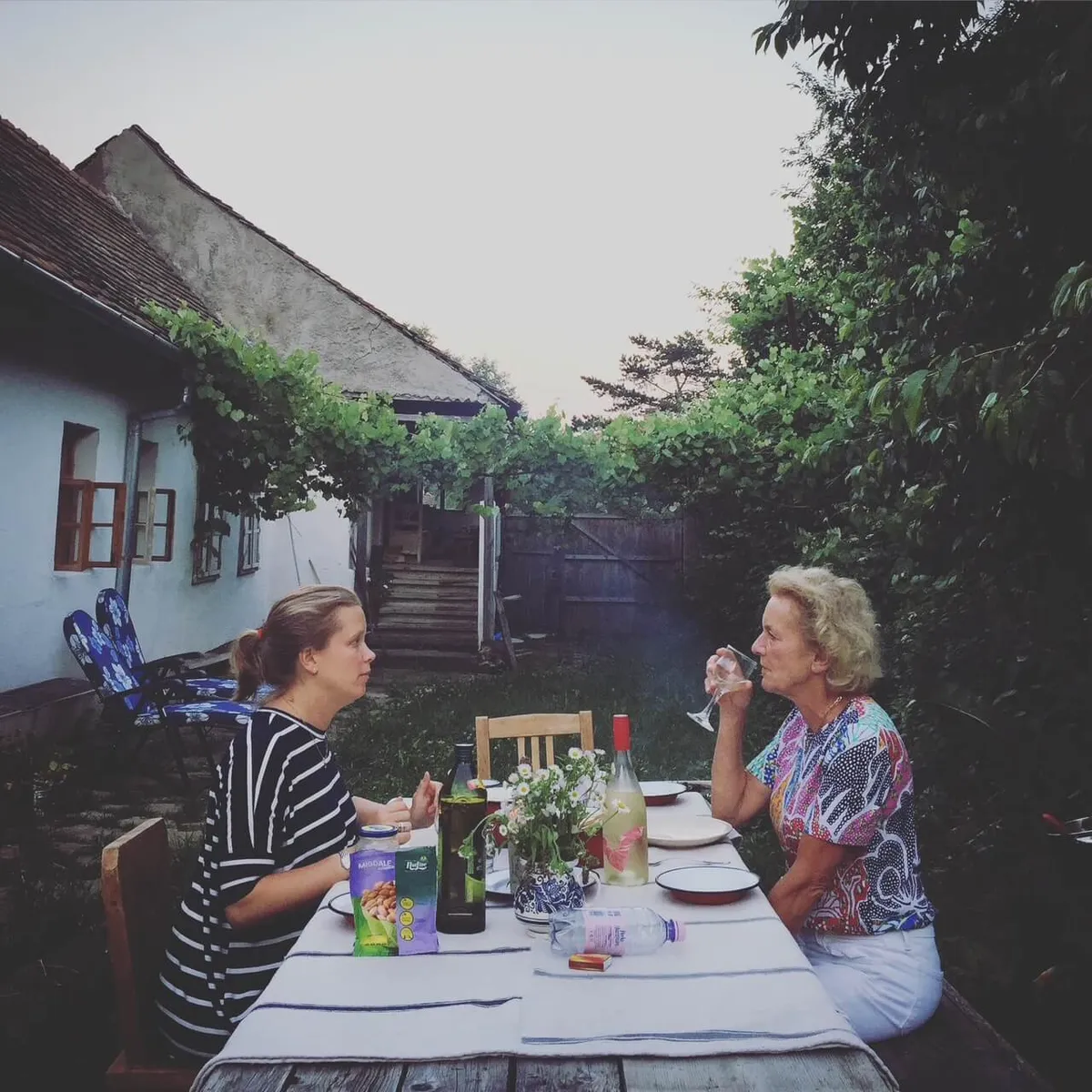 A lunch table set up in a Transylvanian garden