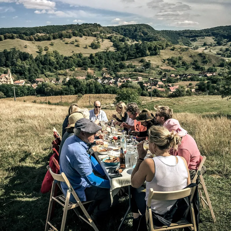 The Slow Cyclists enjoying a picnic lunch in the open meadows of Transylvania.