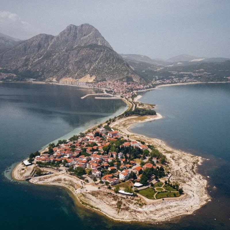 Drone shot from above, the peninsula and coast of the Taurus Mountains, Turkey