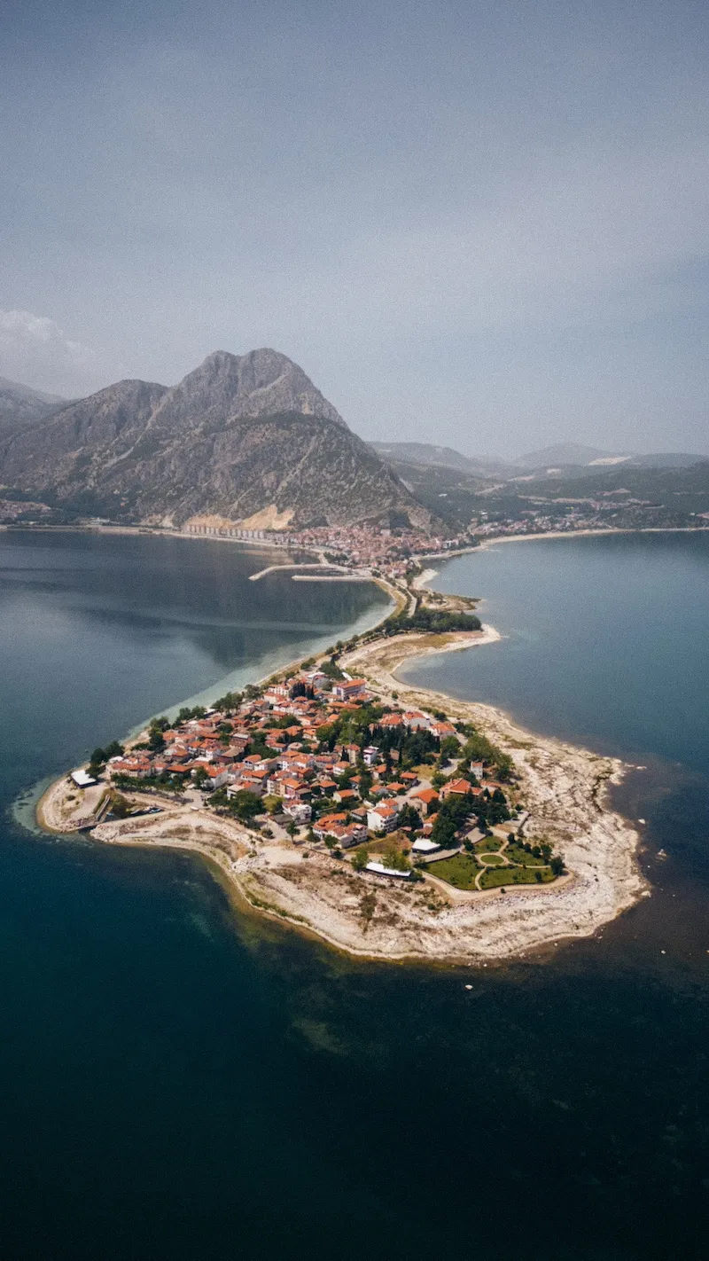 Drone shot from above, the peninsula and coast of the Taurus Mountains, Turkey