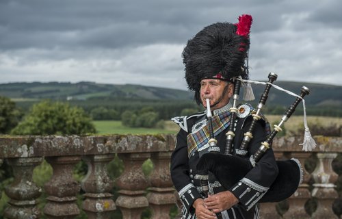 Scottish bagpipes at Thirlestane Castle, Piper, Scottish Borders, Scotland