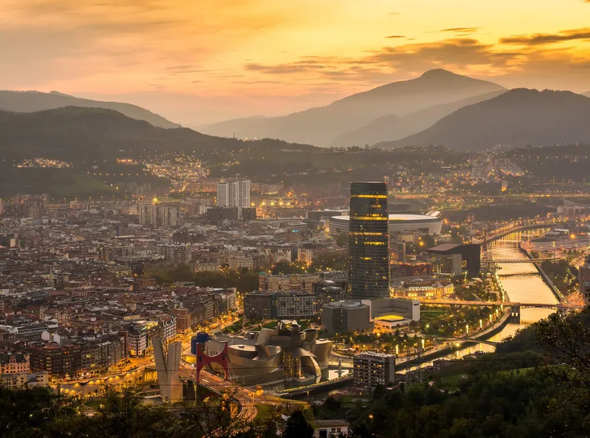 Panorama of Bilbao at sunset, Spain, Basque Country