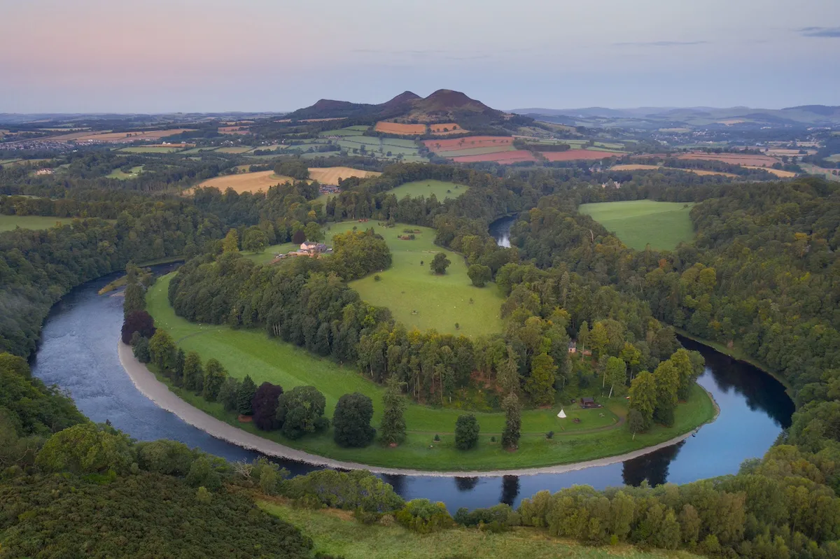 River Tweed and Eildon Hills in The Scottish Borders in Striking light, Scotland