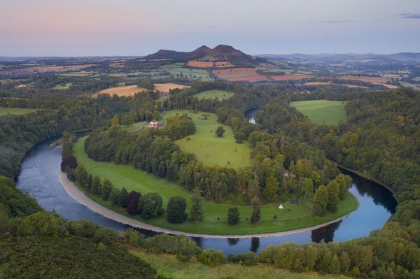 River Tweed and Eildon Hills in The Scottish Borders in Striking light, Scotland