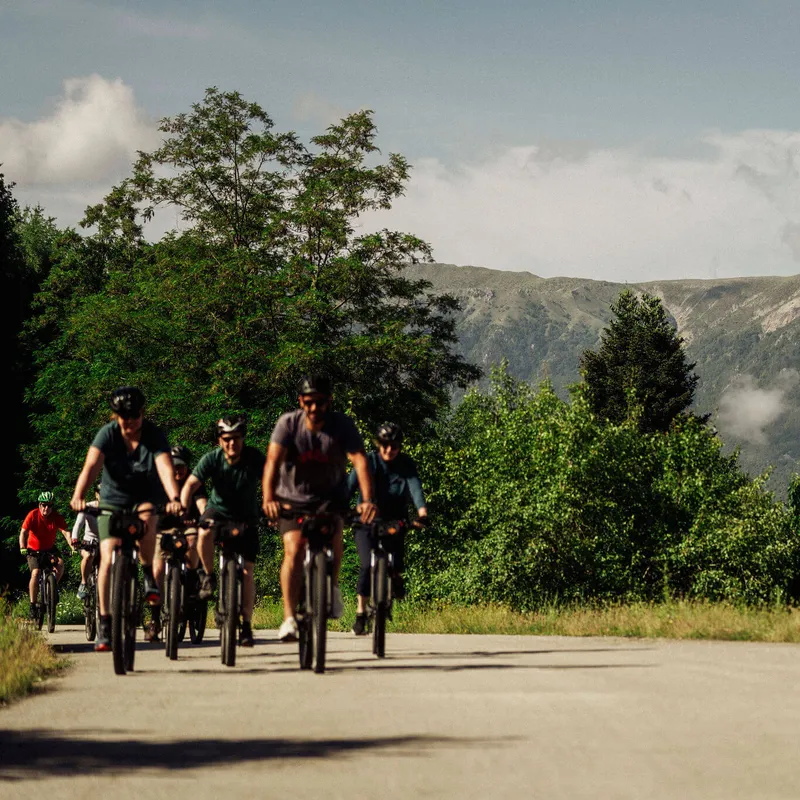 Slow Cyclists riding through the mountains of Zagori Greece