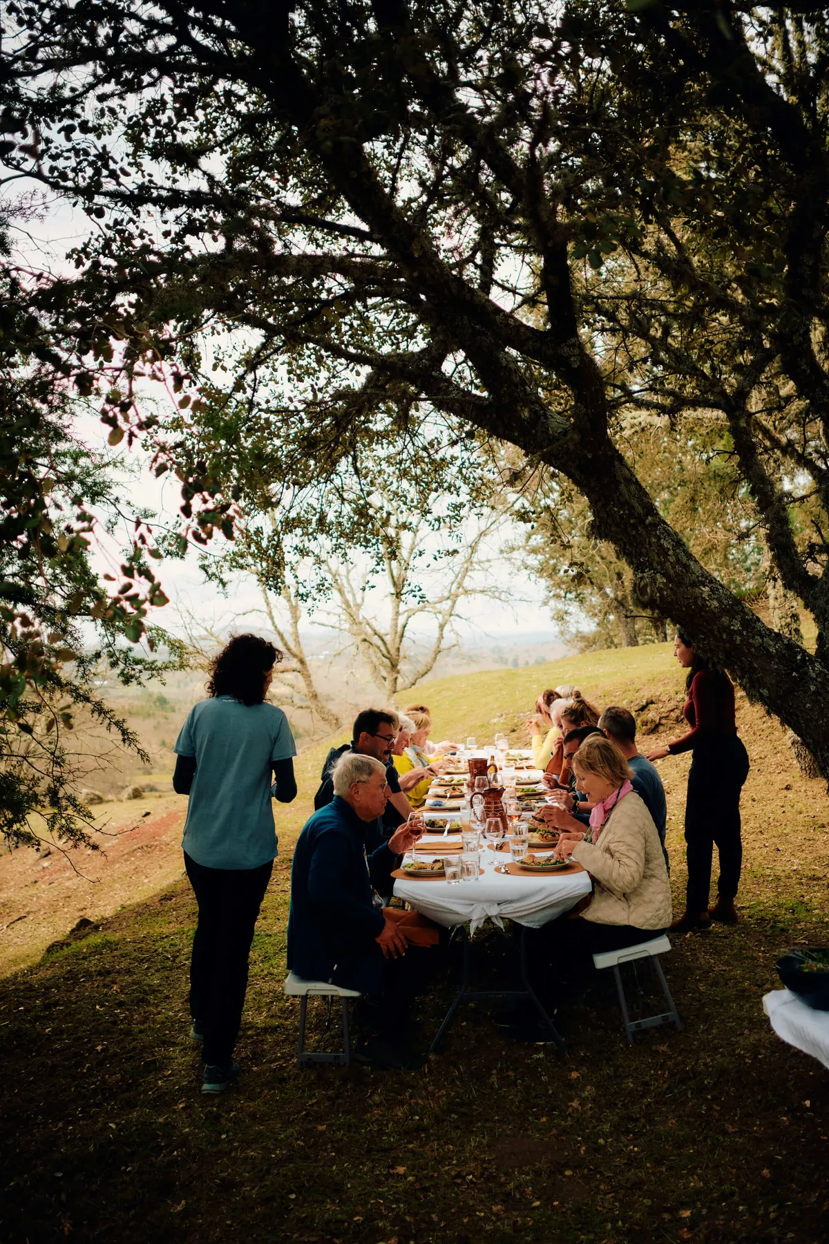A group of Slow Cyclist guests enjoying lunch at a picnic table in the Coa Valley