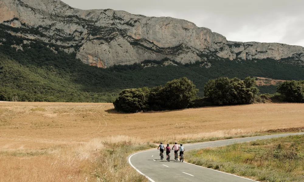 Cyclists on road in font of field and mountain, Spanish Basque