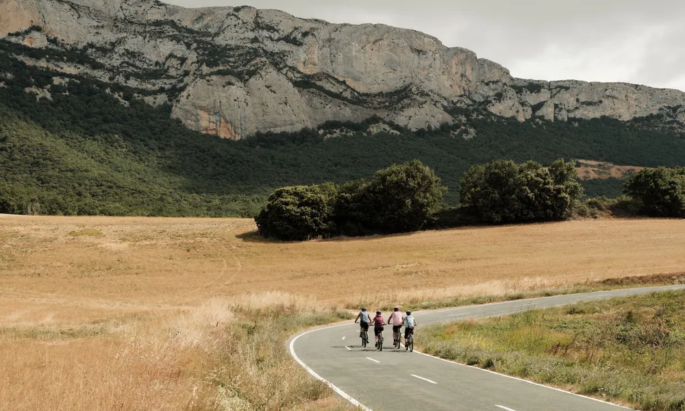 Cyclists on road in font of field and mountain, Spanish Basque