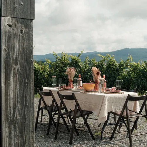 Picnic table and mountain background, Basque Country, Spain