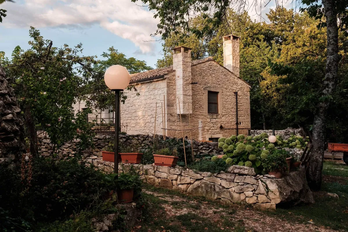 Traditional Italian stone building and wall, Case Catalano, Abruzzo, Italy