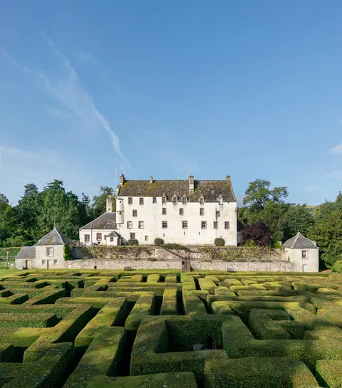 Traquair house and maze on a sunny day, Scottish Borders, Scotland