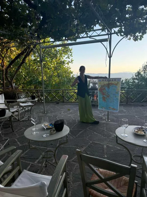 Katerina at a wine tasting for Slow Cyclist guests in Zagori, Greece