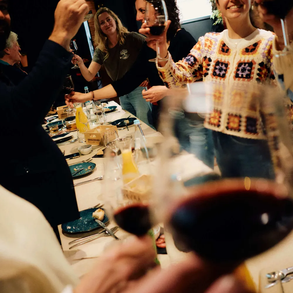Slow Cyclist guests cheersing over dinner in the Coa Valley, Portugal